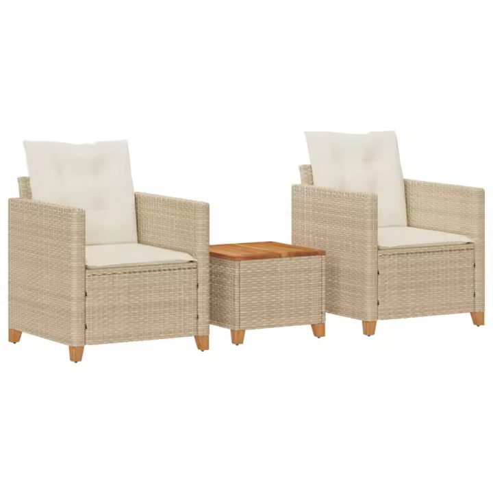 vidaXL Mesita y sillas con cojines 3 pzas ratán PE madera acacia beige - 1