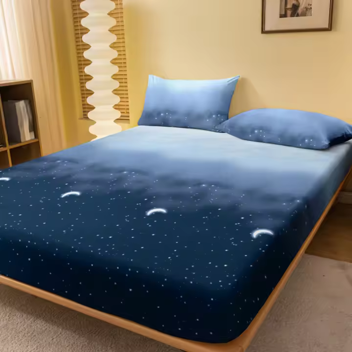 Sábana Ajustada Moderna Y Sencilla Con Estampado De Cielo Estrellado Mate Para Dormitorio Cobertura De Cama De Poliéster 100% Sin Almohadillas - 1