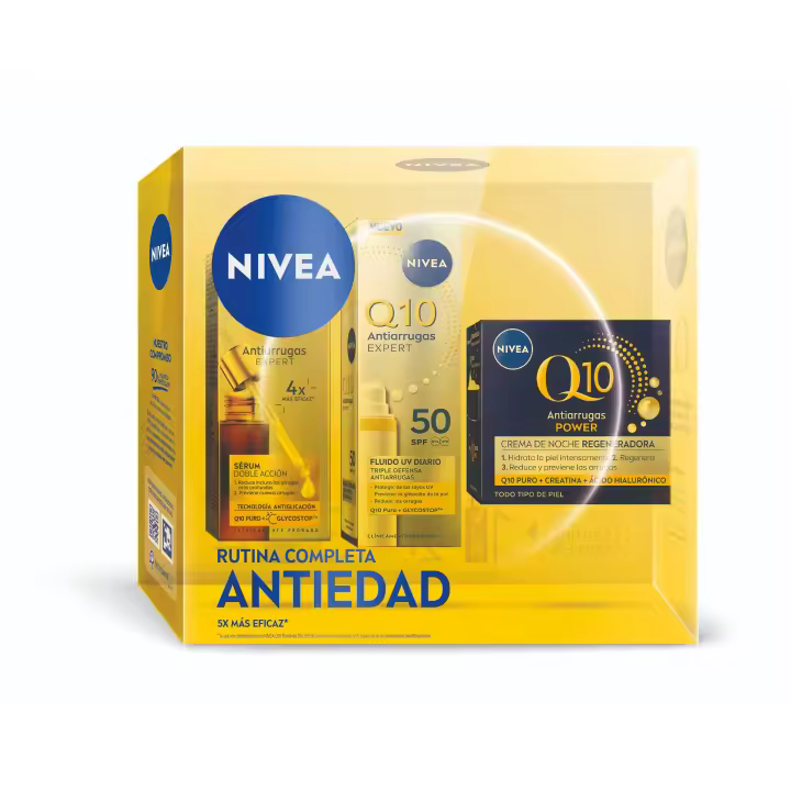 NIVEA Pack Rutina Q10 de noche–  Caja regalo con Sérum Facial Antiarrugas, Fluido facial día y  Crema de noche – Tratamiento completo 24h contra arrugas y líneas de expresión - 1
