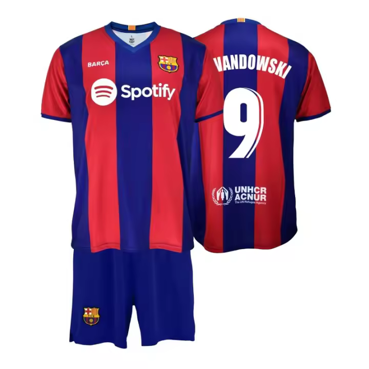Conjunto Lewandowski Primera Equipación Infantil del Fútbol Club Barcelona réplica dorsal 9 Producto Oficial camiseta pantalón 2324LEW - 1