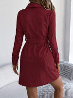 Vestido De Mujer Casual De Otoño E Invierno En Color Sólido De Corduroy Con Botones Y Cordones Largo De Cintura Vestimenta - details 13
