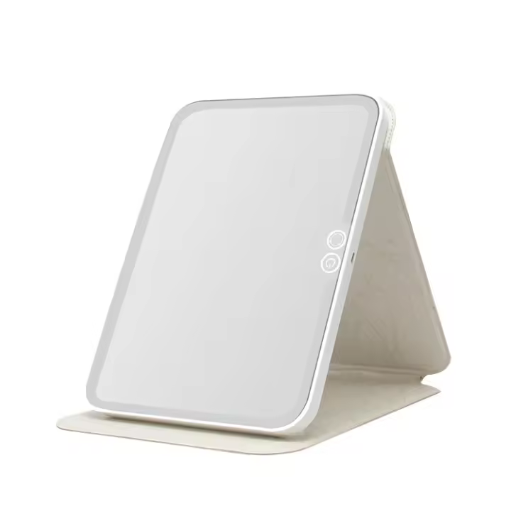 Espejo de maquillaje Creative ultrafino LED with Tapa abatible, Espejo luminoso de Belleza de estritorio, Espejo Cuadro portátil de cuero con Luz - 1