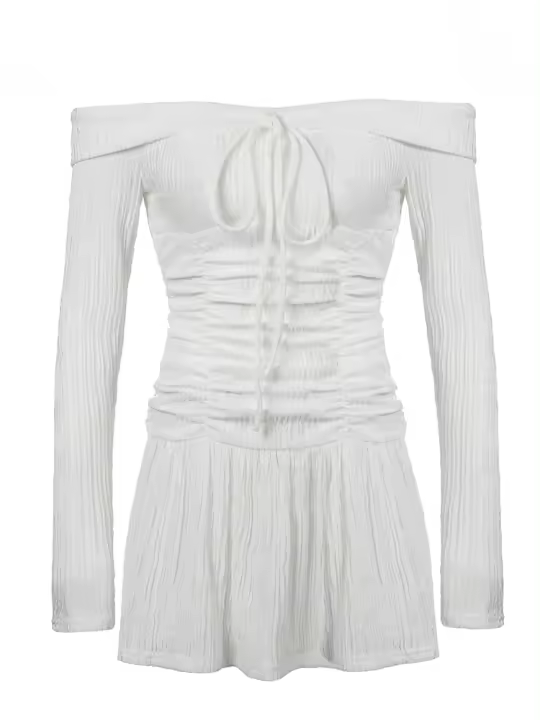Vestido Blanco Elegante De Manga Larga Con Cuello Abierto Estilo Coreano Y Japonés Para Mujer Con Ajuste En La Cintura Y Detalles De Encaje - 1