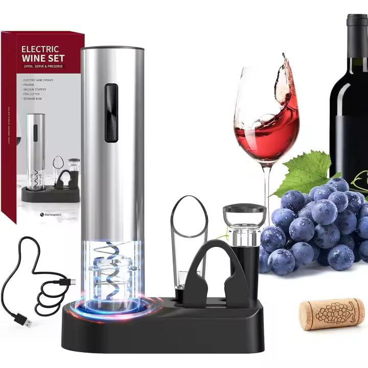 5 en 1 Abridor de Botellas de vino, Abrebotellas recargable con cortador de papel de aluminio, Tapón de vacío y vertedor de vino, Set de regalo Sacacorchos Eléctrico para amigos y familia - 1