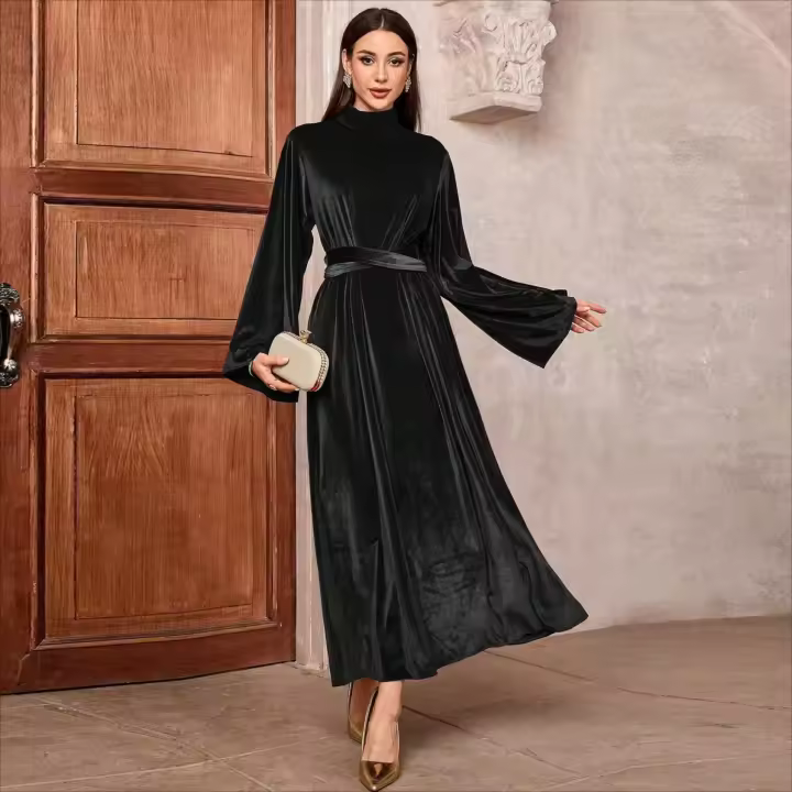 Vestido Maxi Skinny Pleuche Para Mujer Elegante De Noche Con Cinturón Manga Larga Estilo Árabe Islámico A-LINE O-Neck Casual - 1