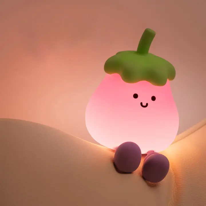 Luz de noche para niños - Luz de noche de berenjena - Luz de noche táctil de berenjena - Luz de noche recargable por USB - 3 modos de brillo - 1