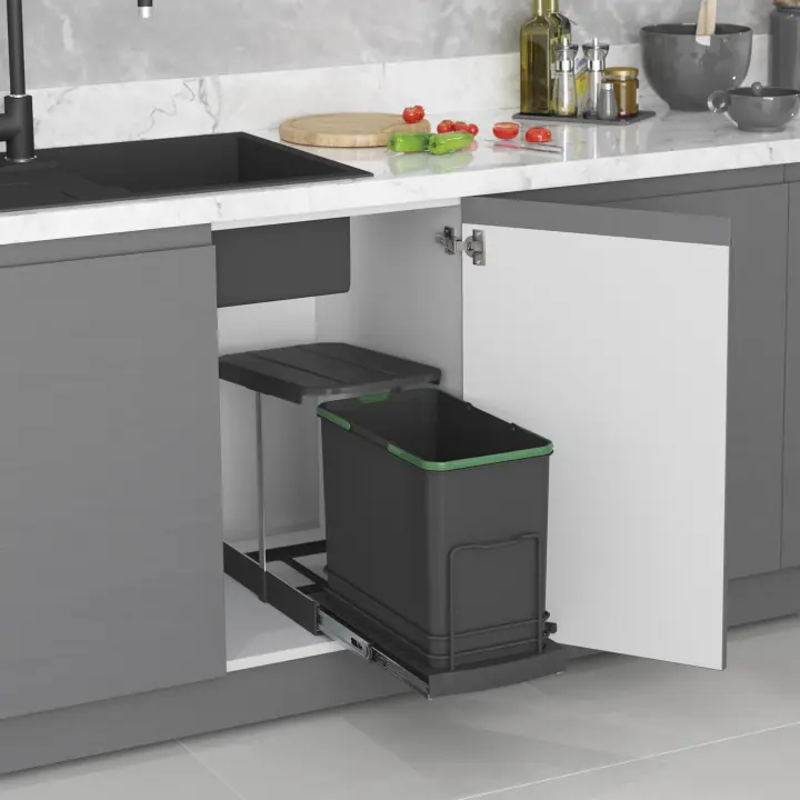 Contenedor de reciclaje para fijación inferior y extracción manual/automática en mueble de cocina recycle 24 litros, plástico gris antracita - 1