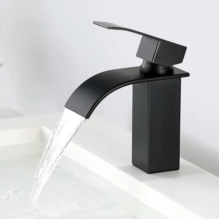 Grifo de lavabo negro-grifo mezclador de baño-grifo de cascada para lavabo sólido-grifos de calidad estupenda (negro) - 1