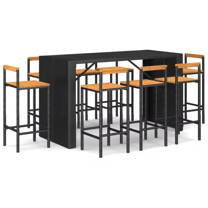 vidaXL Mesa bar y taburetes jardín 9 pzas madera acacia ratán PE negro - 1