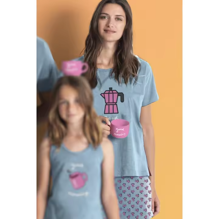Admas Pijama Mujer Verano 60198 Azul con Diseño de Cafeteras - 1