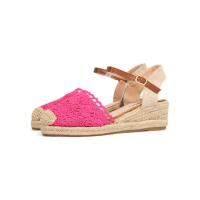 HLUNA - Sandalia Alpargatas de Cuña Bajo 5cm - Puntera cerrada Esparto - Pulsera al tobillo con hebilla - detalle de Encaje Textil - Blanco y Fucsia - HYJ23-10 - details 1