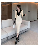 Vestido Elegante De Lana Con Bloque De Colores Y Encaje H Han Queen Para Oficina Y Fiesta Vestido Largo De Manga Larga Para Mujer Moda Otoño - details 10