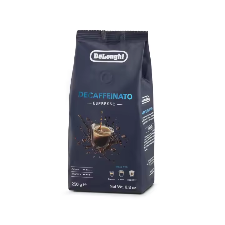 Delonghi - Café en Grano Decaffeinato 250g, 50 % Arábica 50 % Robusta. Saborea un tueste medio intenso y con cuerpo, con una delicada acidez, sin cafeína. Café DLSC603 - 1