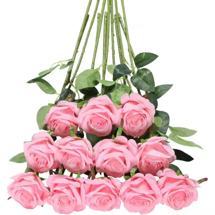12 rosas artificiales, 19,68'', tallo largo único, rosas falsas de seda, ramo de novia, boda, flor realista para el hogar, jardín, fiesta, hotel, oficina, decoración (rosas en flor, rosa claro) - 1