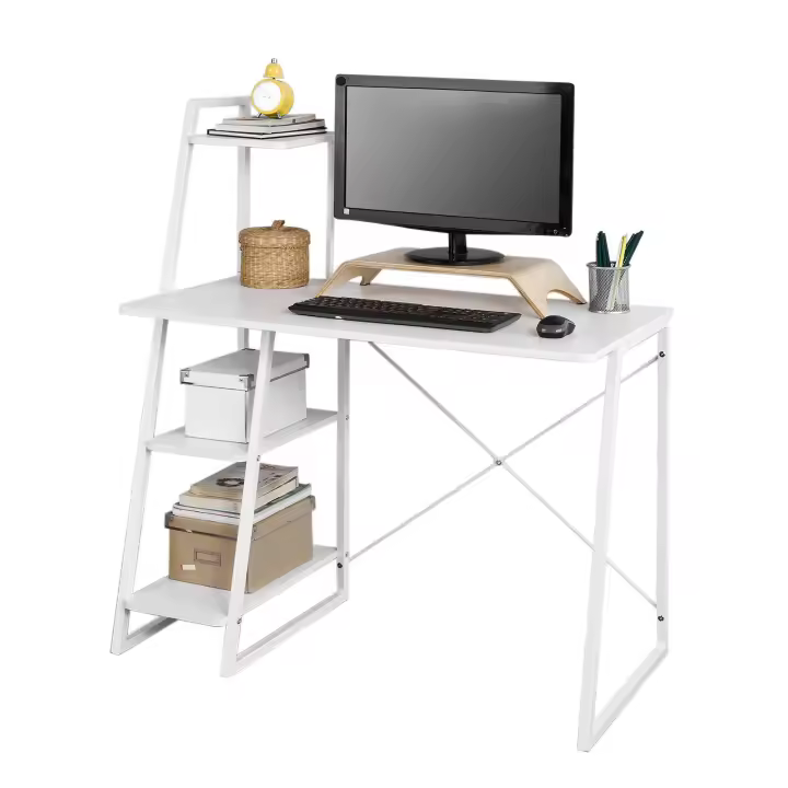 SoBuy Mesa de Escritorio, Mesa de Ordenador con Tres Estantes,Color Blanco,FWT29-W,ES - 1