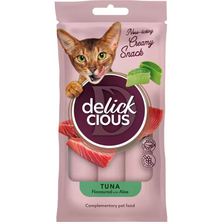 DELICKCIOUS - Snack cremoso-sabor  atún y aloe. Alimento complementario para gatos. PACK 6 bolsas de 60g o Pack 12 bolsas de 60g - 1