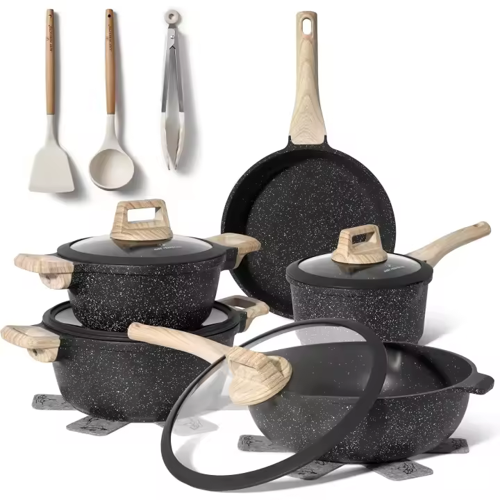 Just Perfecto Juego de Ollas y Sartenes Cocina Antiadherentes 14 Piezas, Katería de Cocina Antiadherentes Aluminio, para Todas Las Cocinas, Included Inducción, Ollas Cocina with Tapas (Black) - 1