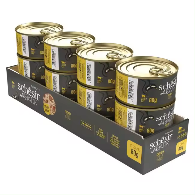 Schesir After Dark, Sabor Pollo en caldo  alimento húmedo Completo para Gatos Adultos (latas 12 de 80 g) - 1