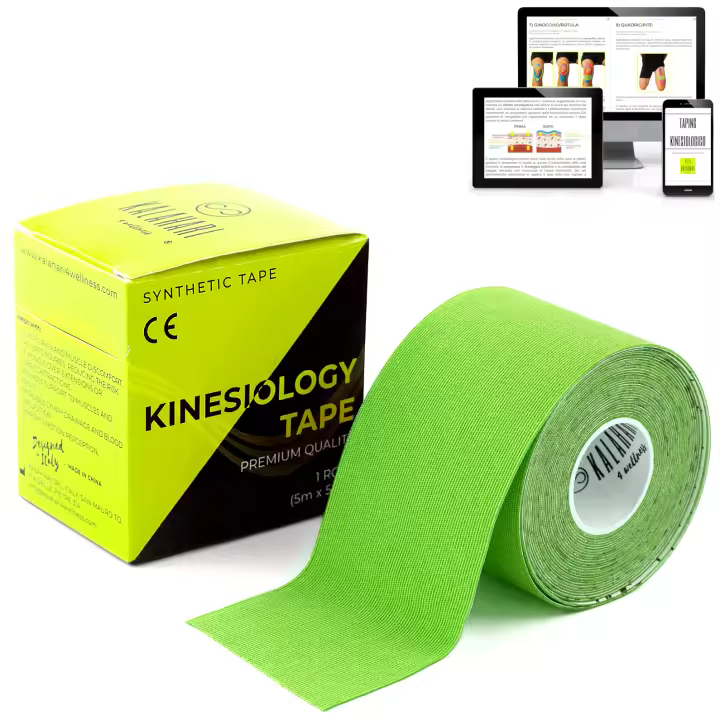 KALAHARI 1 X Rollo Cinta Kinesiologica Profesional más E-Book Manual Aplicación en Español - Synthetic Kinesiology Tape para una mejor adhesión y Resistencia al Agua y al Sudor - (5cm x 5m) GREEN - 1