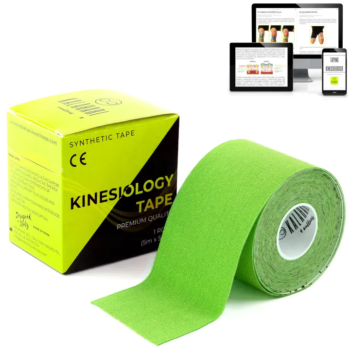 KALAHARI 1 X Rollo Cinta Kinesiologica Profesional más E-Book Manual Aplicación en Español - Synthetic Kinesiology Tape para una mejor adhesión y Resistencia al Agua y al Sudor - (5cm x 5m) GREEN - 1