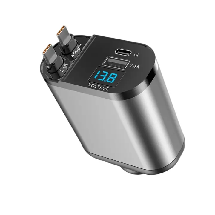 Cargador de coche retráctil 4 en 1, puerto dual USB C PD, carga rápida, adaptador para encendedor de cigarrillos de coche con pantalla de voltaje (DulaTypeC) - 1