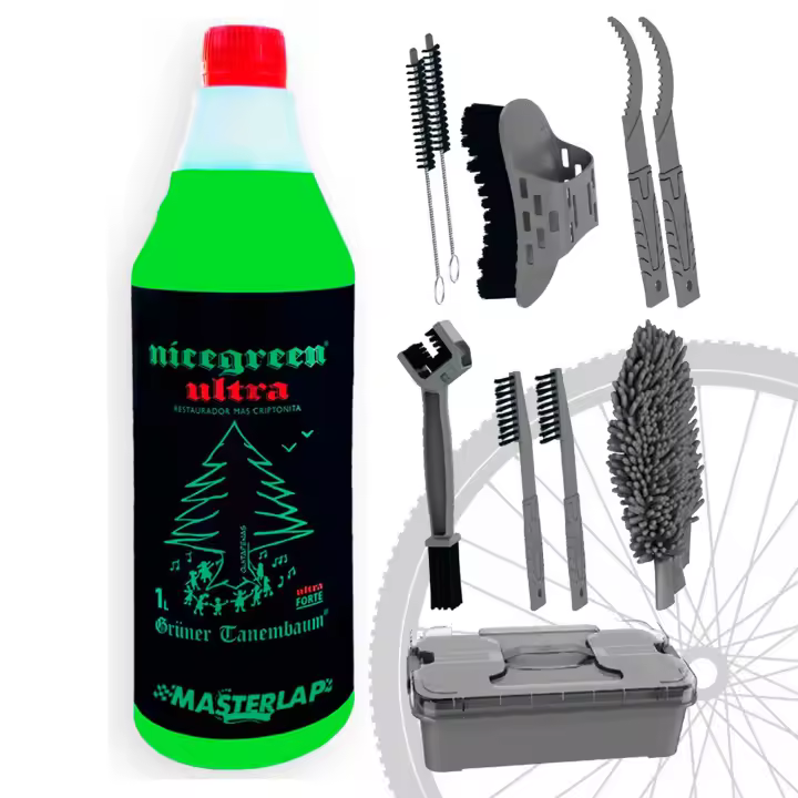Nicegreen Ultra Pack Ciclista – Kit de limpieza completo para bicicletas, incluye limpiador potente 1L, difusor y set de 10 accesorios para cuadro, cadena y ruedas - 1