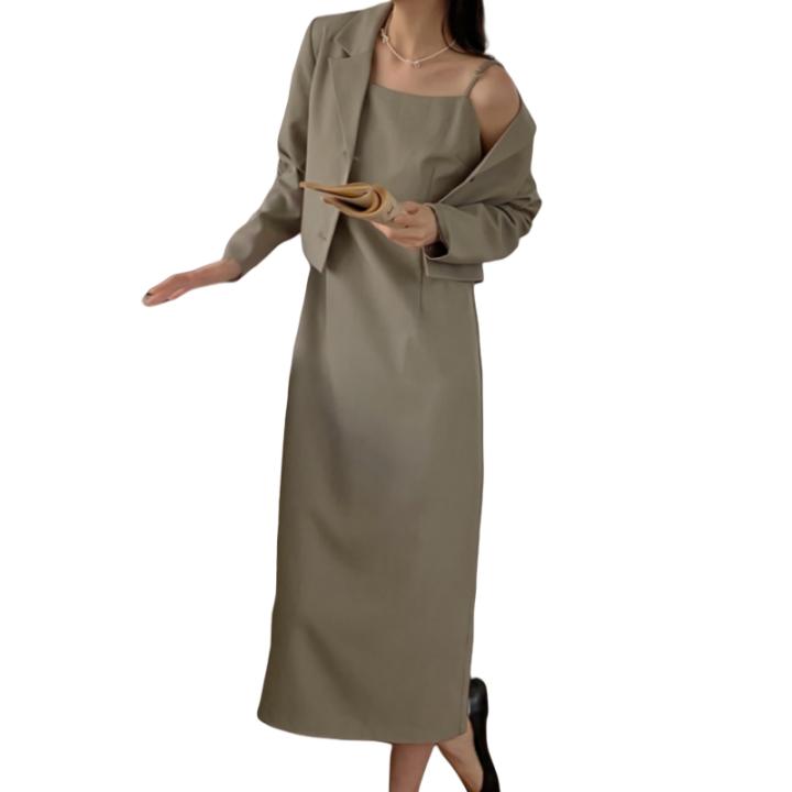  Conjuntos De Vestido Para Mujer REALEFT 2 Piezas Chaqueta De Cierre Único Y Vestido Sin Tirantes Suelto Outfits De Alta Calle