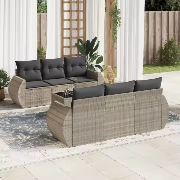 vidaXL Set de sofás de jardín 7 pzas con cojines ratán PE gris claro - 1
