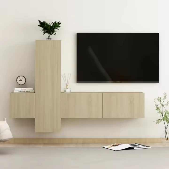 vidaXL Set de muebles de salón TV 3 piezas madera de ingeniería en color Blanco/Roble Sonoma/Negro y más | almacenamiento funcional diseño moderno para baño dormitorio sala - 1