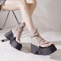 Sandalias De Verano Para Mujer Con Tacón Ancho Plataforma Cuña Cordones De Cuero Genuino Estilo Gladiador Con Corte Y Banda Delgada Botas De Tobillo Con Cordones De Anclaje - details 7