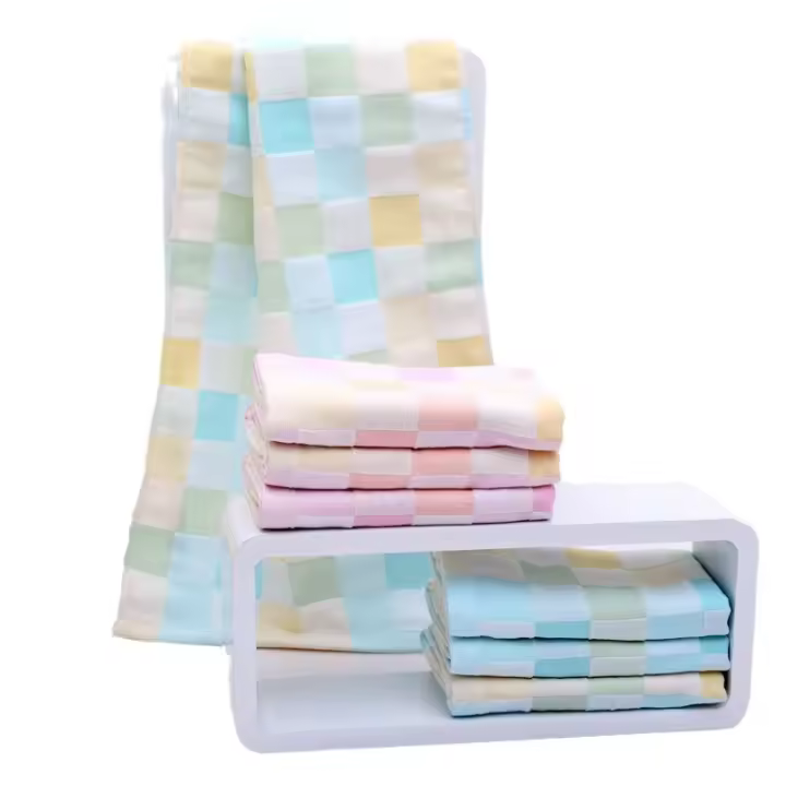 Toalla de baño de gasa de doble capa de algodón puro a cuadros de color, toalla agrandada para niños, manta para bebé, 70 x 140 - 1