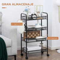 HOMCOM Carrito Auxiliar con Ruedas Carrito de Cocina de 4 Niveles Carrito de Almacenamiento con 4 Ganchos Carga 12 kg para Comedor Sala Baño 45x26,5x84 cm Negro - details 0