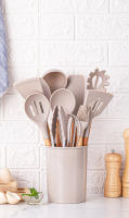 Juego De Utensilios De Cocina De Silicona 12 Piezas Color Khaki Con Mango De Madera Seguros Para Cocinar Herramientas De Cocina No Pegajosas - details 0
