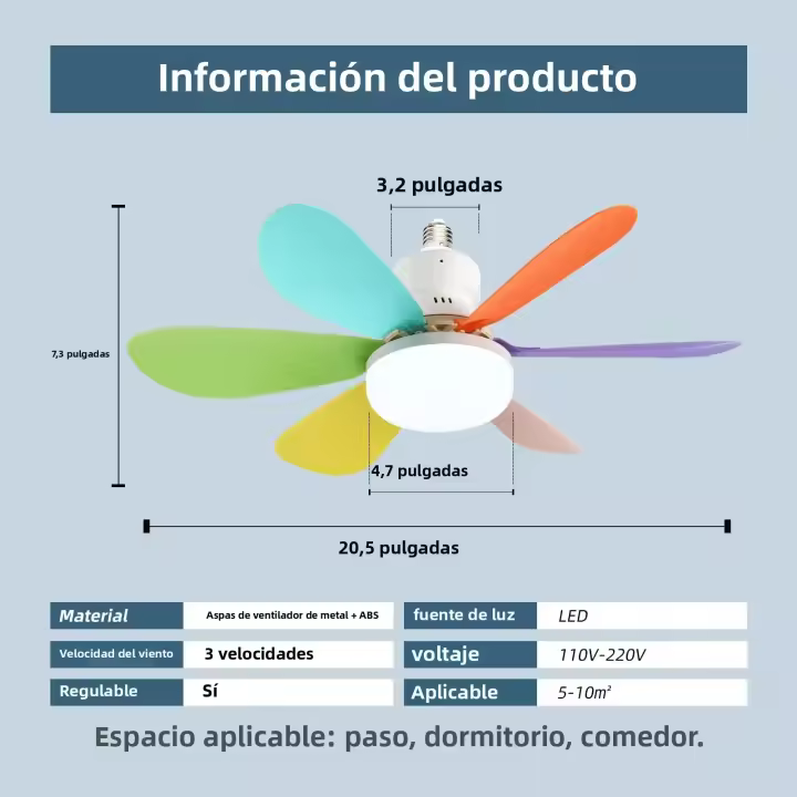 Ventilador De Techo 20.5in Con Luz Y Control Remoto 40W Bombilla LED E27 Sin Cable Para Cocina Dormitorio Habitaciones Pequeñas - 1