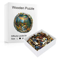 Puzzle 3D De Madera En Forma Circular Paisaje De Bosque Con Atardecer Regalo De Decoración Para El Hogar Juego Familiar - details 0