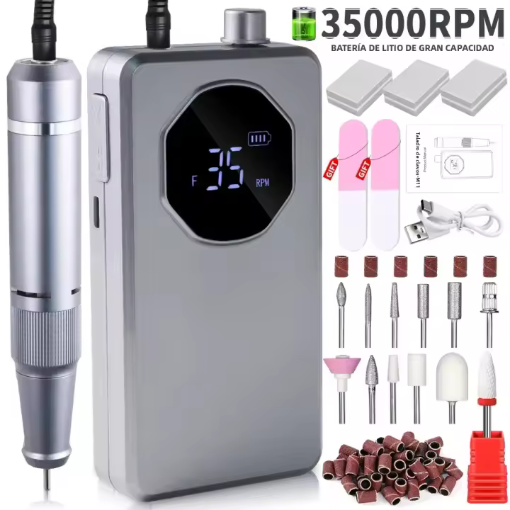 Kit De Taladro Para Uñas Recargable Portátil 35000 RPM Profesional Para Pintura De Uñas Con Fichas De Grano Set De Molinillo Para Herramientas De Salón De Uñas - 1