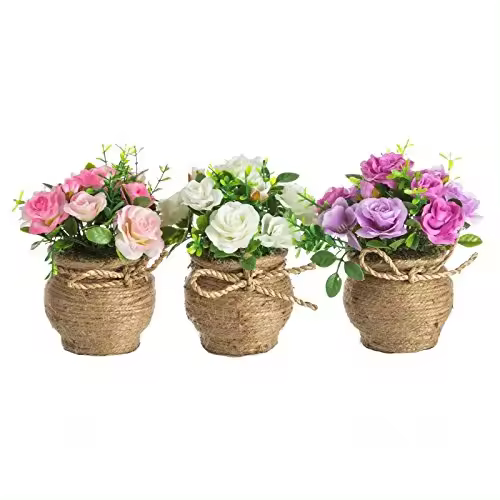 Pack 3 Plantas Artificial Rosa Poliester con Maceta de Cuerda-DAMDAM GO - 1