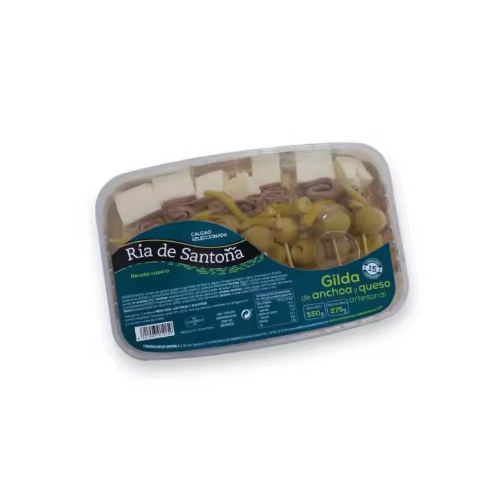 Gildas de anchoa y queso 15 unidades. Ría de Santoña: Aperitivo gourmet con anchoas del Cantábrico, queso semicurado, guindillas y aceitunas, en práctica bandeja ideal para compartir y disfrutar. - 1