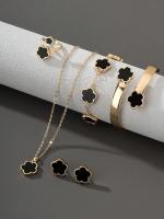 Conjunto De Joyas De Aleación Con Diseño De Flor De La Suerte Que Incluye 1 Par De Pendientes De Botón, 1 Collar, 1 Pulsera, 1 Brazalete Y 1 Anillo. Regalo Femenino De Moda - details 1