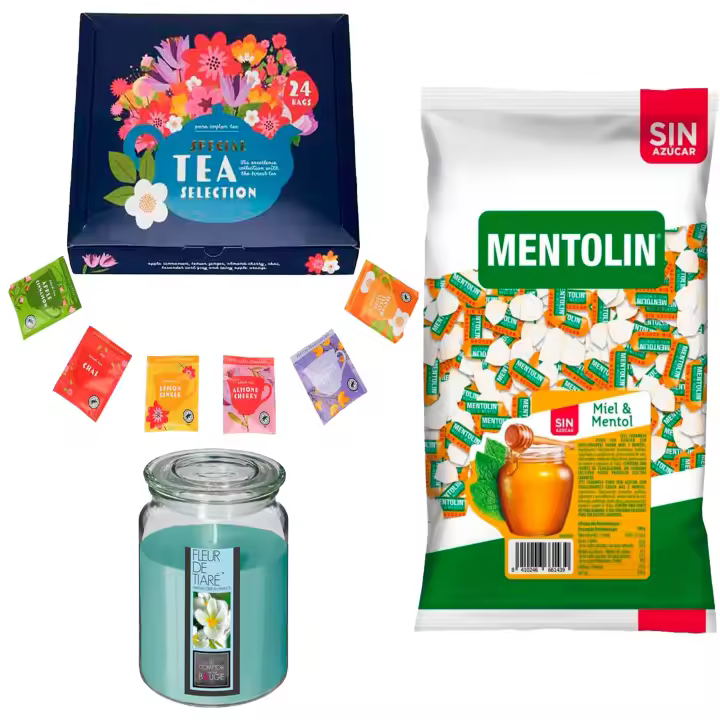 Pack surtido: MENTOLIN MIEL MENTOL S/A BOLSA 1KG + Vela perfumada con flor tiare + Set de Te con 24 bolsitas con diferentes sabores y aromas - 1