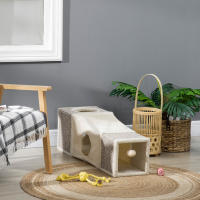 PawHut Túnel para Gatos de Interior Tubo de Juguete para Gatos Plegable con Múltiples Entradas Casetas de Sisal y Bola Colgante 98x30x30 cm Crema - details 2