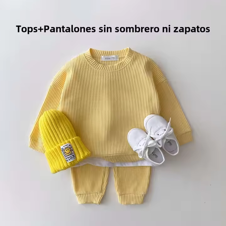 Conjunto De Ropa Para Bebé Niño Corea 2023 Conjunto De Dos Piezas Algodón Waffle Camiseta Sudadera + Pantalones Ajuste True Size - 1