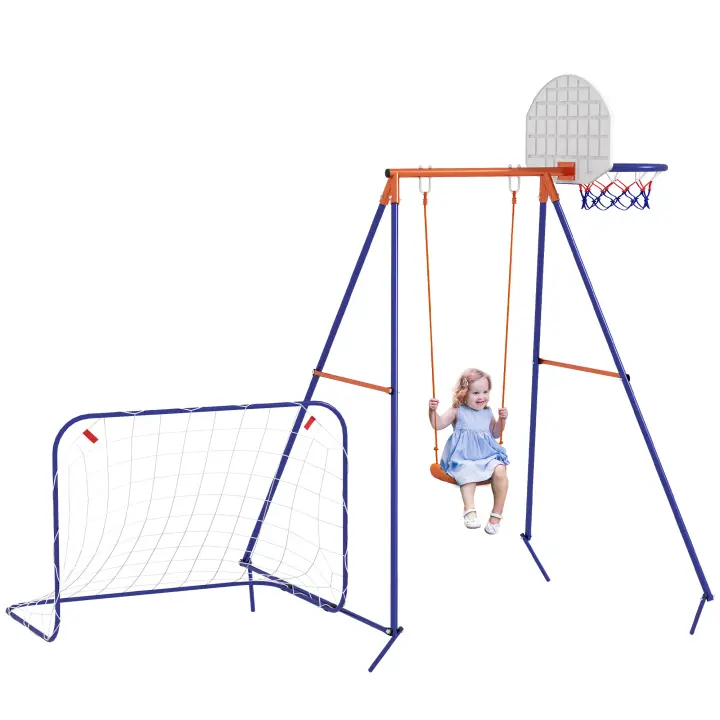 Outsunny Columpio Infantil 3 en 1 Columpio para Niños de 3-8 Años con Canasta y Portería de Fútbol Desmontable Marco de Acero Carga 45 kg para Exterior Multicolor - 1
