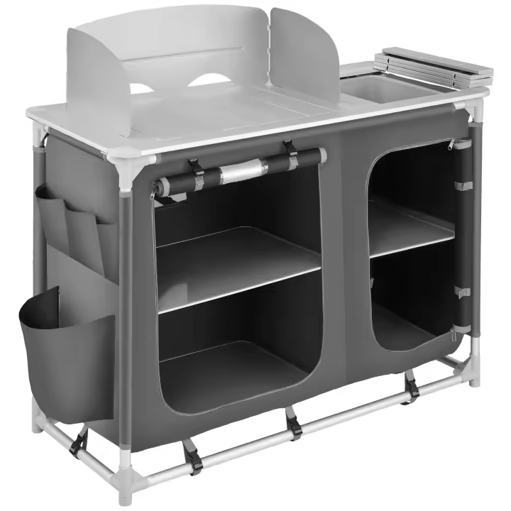 Tectake - Cocina de camping 116 x 52 x 107 cm - Cocina plegable de madera y aluminio | Cocinilla de camping para cocina de gas con bolsa |  Con patas ajustables | Cocina para camping con paravientos | Con espacios de almacenamiento - 1