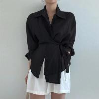 Camisa Casual Para Mujer Suelta Con Cinturón Y Cuello En V Vintage De Manga Larga Transpirable Para Oficina Y Uso Diario - details 20