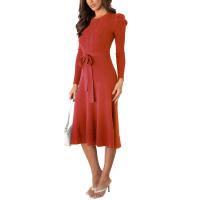 Vestido Casual Diario Para Mujer Con Mangas Burbuja Cintura Alta Ajustada Y Volante Medio Largo De Tejido Knit Moda Avanzada Y Única - details 7