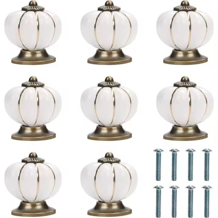 Pomo para muebles de cerámica blanca y dorada con tornillos en forma de calabaza (juego de 8) - 3,6 x 3,9 cm - Pomo para muebles redondo vintage - Para el hogar, la oficina, los armarios de la cocina, los cajones y los armarios - 1
