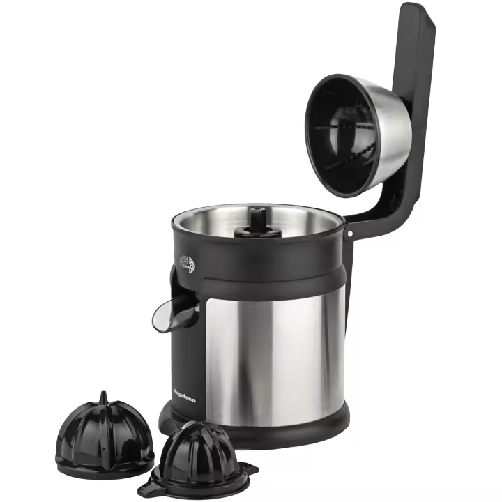 MAGEFESA ZESTER INOX Exprimidor Eléctrico de 120W de 250ml, Sistema Antigoteo, Base Antideslizante, Palas Arrastra Pulpa - 1