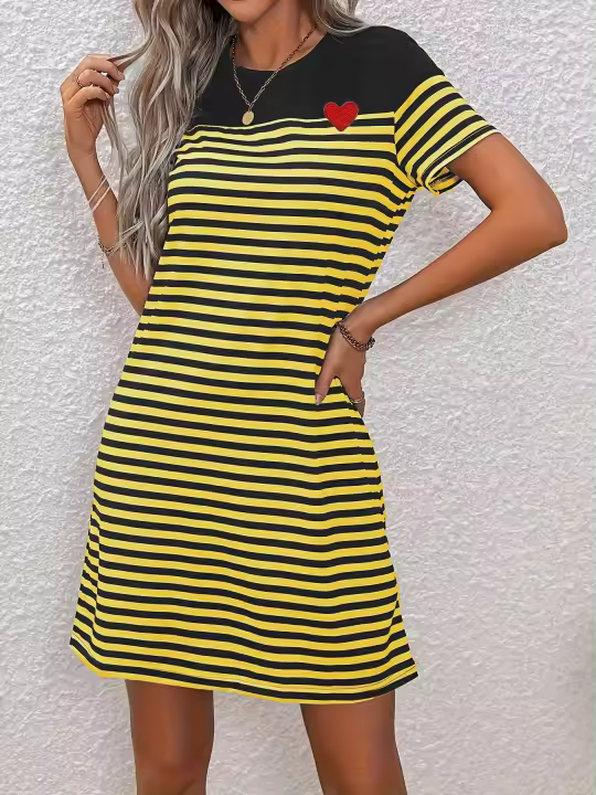 Vestido De Punto Casual Con Cuello Redondo Rayado Negro Y Blanco Bloque De Colores Para Mujer Vestido De Rodilla Estación De Verano - 1