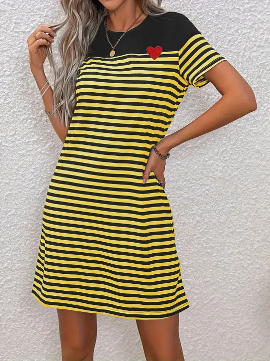 Vestido De Punto Casual Con Cuello Redondo Rayado Negro Y Blanco Bloque De Colores Para Mujer Vestido De Rodilla Estación De Verano - 1